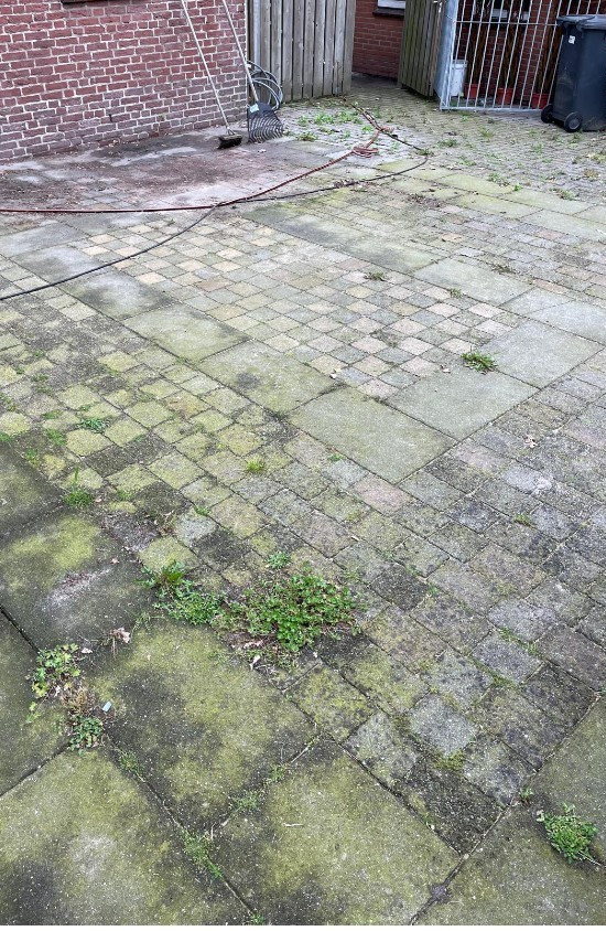 Terras met mos en groene aanslag tussen de tegels, voor de reiniging